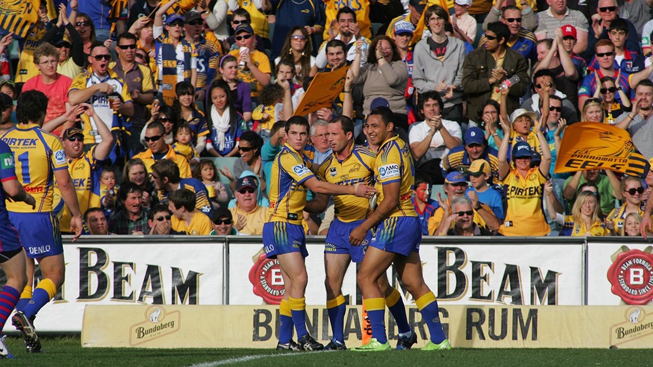 Fallen Eels star Jarryd Hayne celebrates Parramatta's grand final