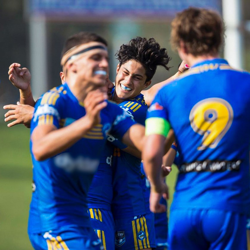 Dylan Brown celebrates the Eels' 2016 Harold Matthews Cup Grand Final win.